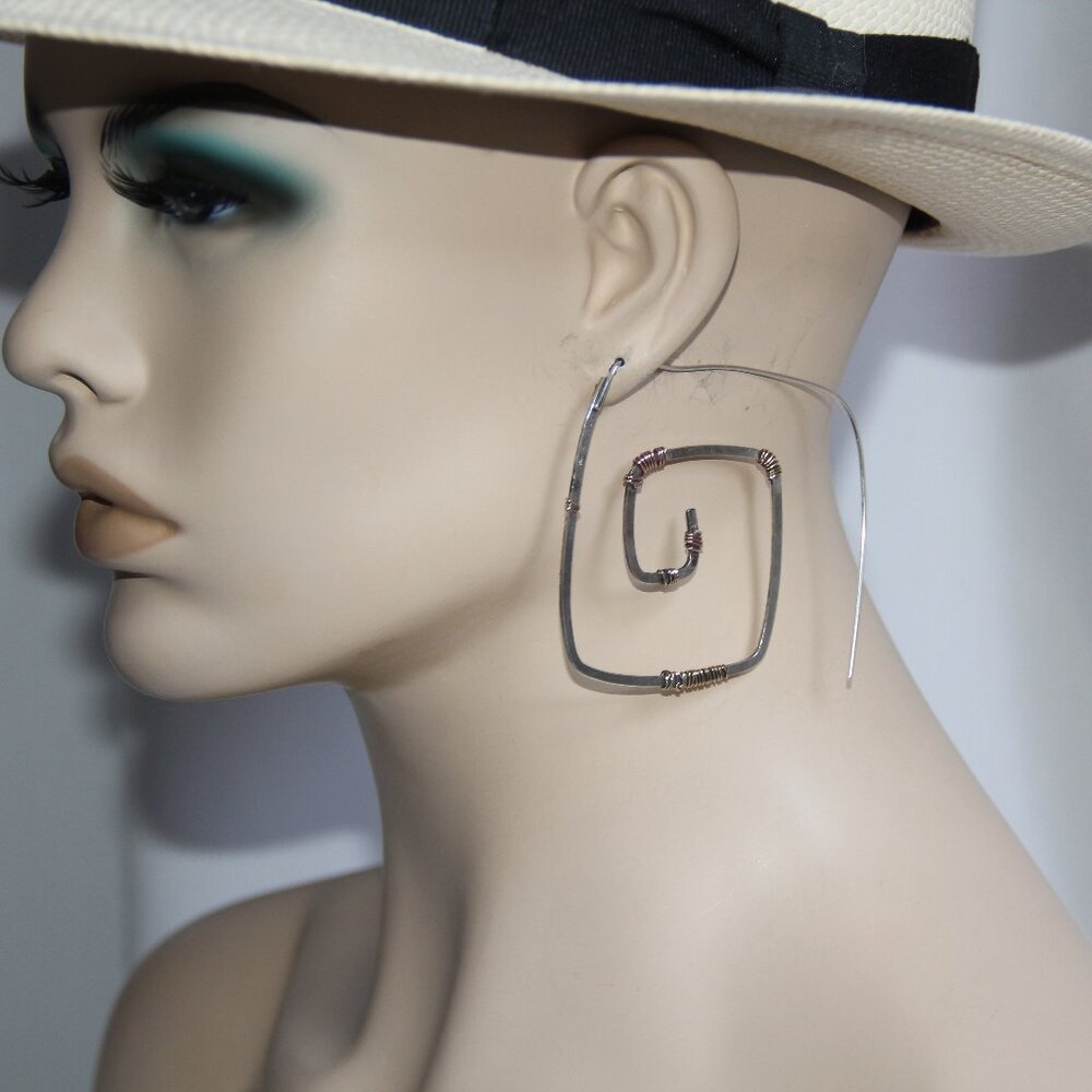 Sterling Silver 14k Gold Square Hoop Earrings. RARE Edgy Hammered